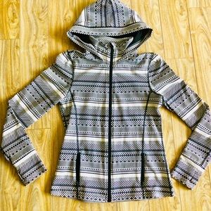 Fun, stylish workout jacket with collar and hood.